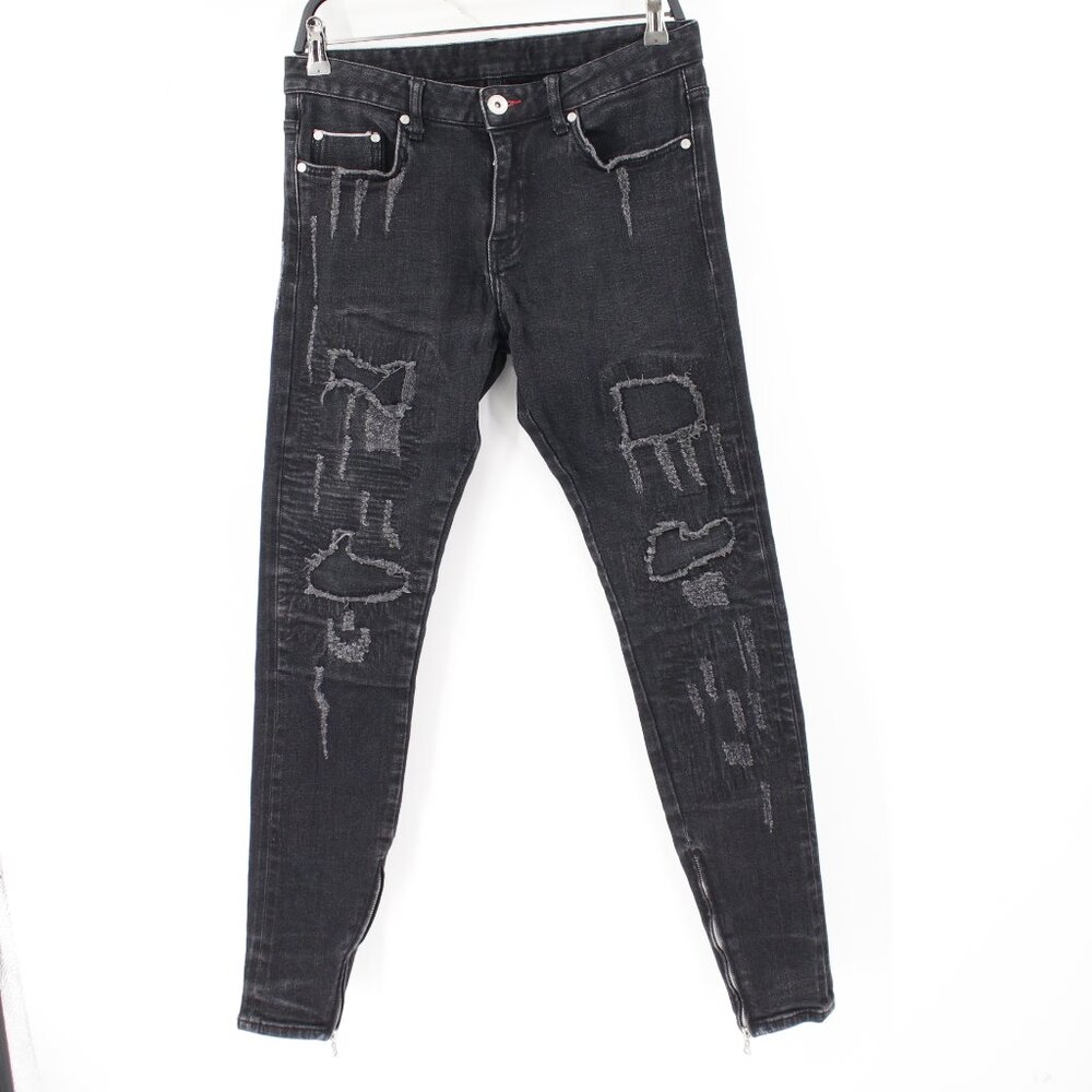 Represent Jeans Mens 30 Repairer Selvedge Vintage Black Ankle Zip Distressed